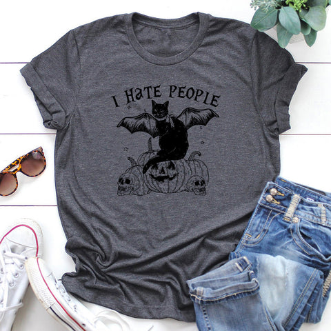 Bat Cat Letter Print T-shirt Women