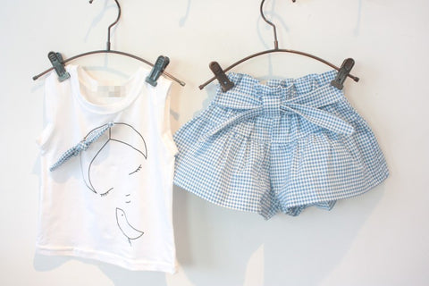 Girls’ Cartoon Bow Clothes Set – Short Sleeve Shirt & Skirt