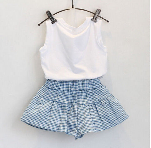 Girls’ Cartoon Bow Clothes Set – Short Sleeve Shirt & Skirt