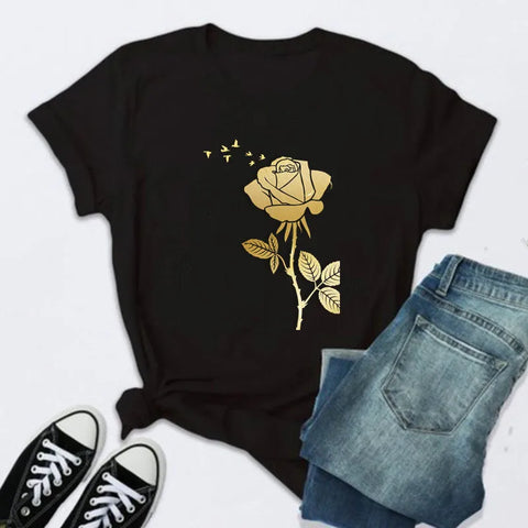 Women’s Fashion T-Shirt – Rose Print Short Sleeve Top