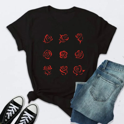 Women’s Fashion T-Shirt – Rose Print Short Sleeve Top