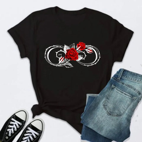 Women’s Fashion T-Shirt – Rose Print Short Sleeve Top