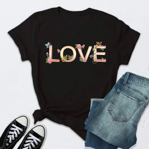 Women’s Fashion T-Shirt – Rose Print Short Sleeve Top