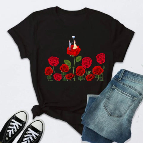 Women’s Fashion T-Shirt – Rose Print Short Sleeve Top