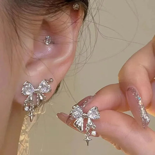 Women’s Bowknot Zircon Stud Earrings – Silver Color, Fashion Jewelry