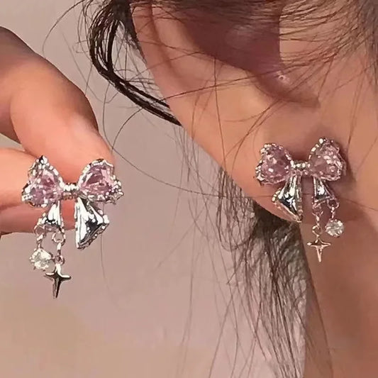 Women’s Bowknot Zircon Stud Earrings – Silver Color, Fashion Jewelry