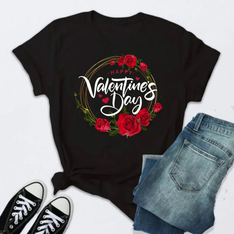 Women’s Fashion T-Shirt – Rose Print Short Sleeve Top