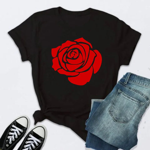 Women’s Fashion T-Shirt – Rose Print Short Sleeve Top