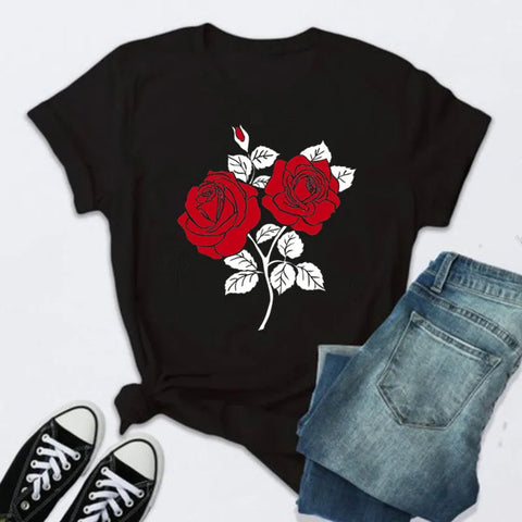 Women’s Fashion T-Shirt – Rose Print Short Sleeve Top
