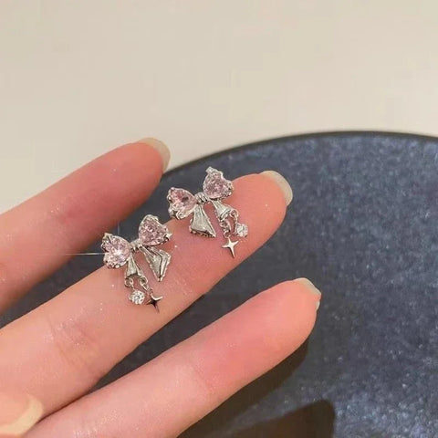 Women’s Bowknot Zircon Stud Earrings – Silver Color, Fashion Jewelry