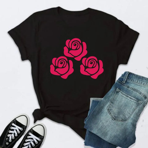 Women’s Fashion T-Shirt – Rose Print Short Sleeve Top
