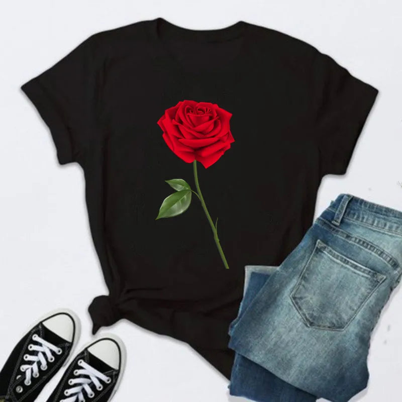 Women’s Fashion T-Shirt – Rose Print Short Sleeve Top
